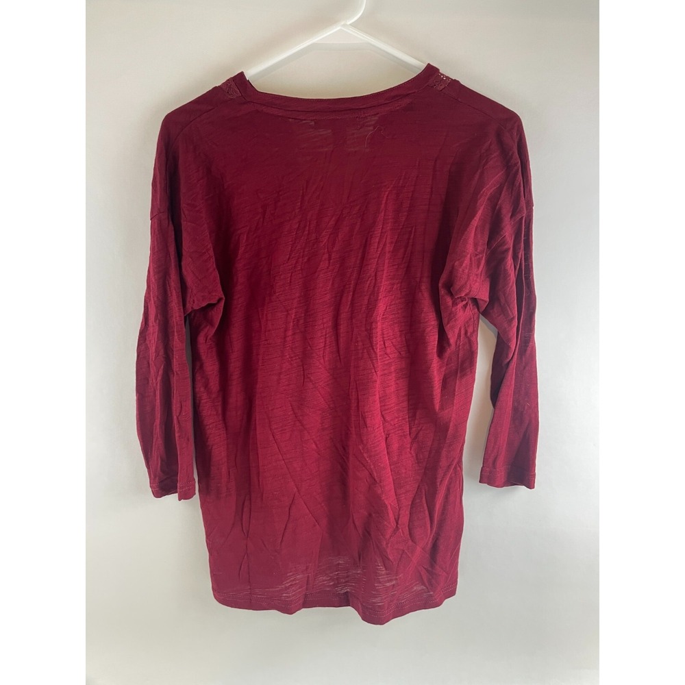 Chaps Peasant Shirt Women's Size Large Burgundy 3/4 Sleeve Floral Lace Neckline